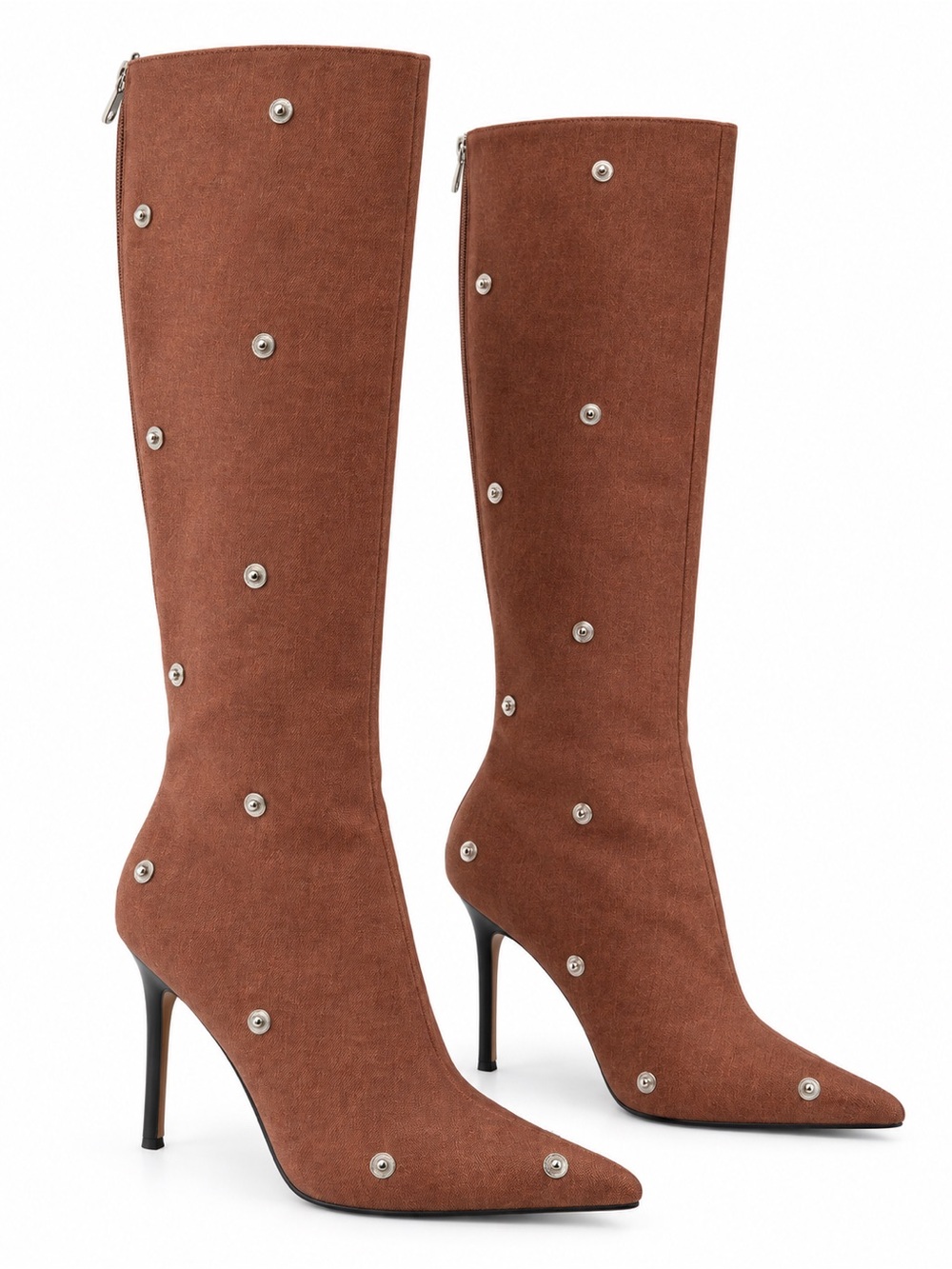 NEW Women's Tall Brown Suede Pointed-Toe Studded Stiletto Boots Size: 41